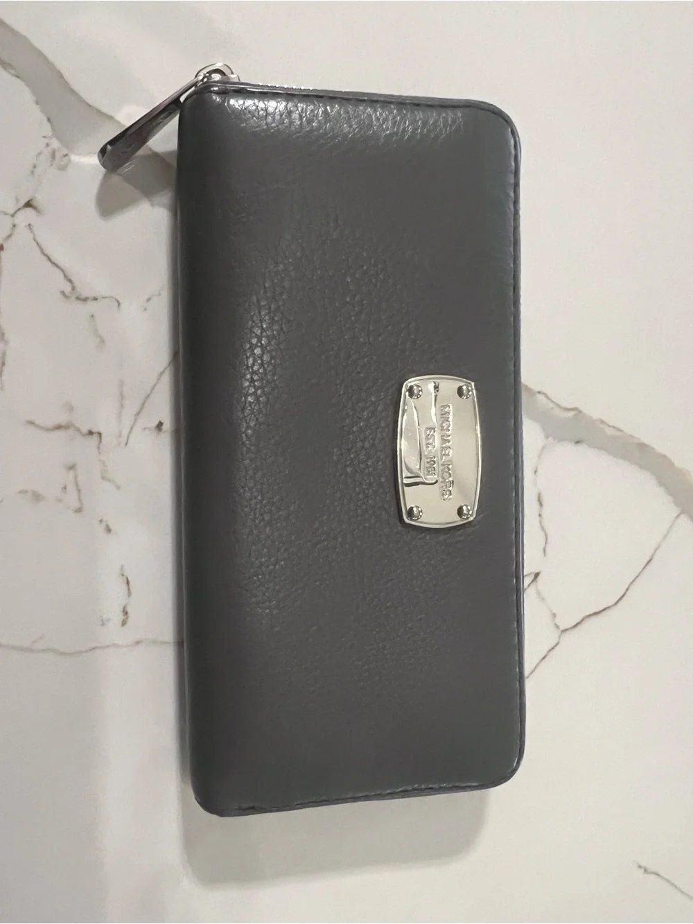 Michael Kors Gray Pebbled Zip-Around Wallet with Silver Plate